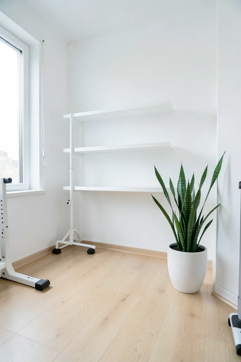 Scandinavian minimalist workout room with white walls, light oak flooring, potted plants, and floating white shelves