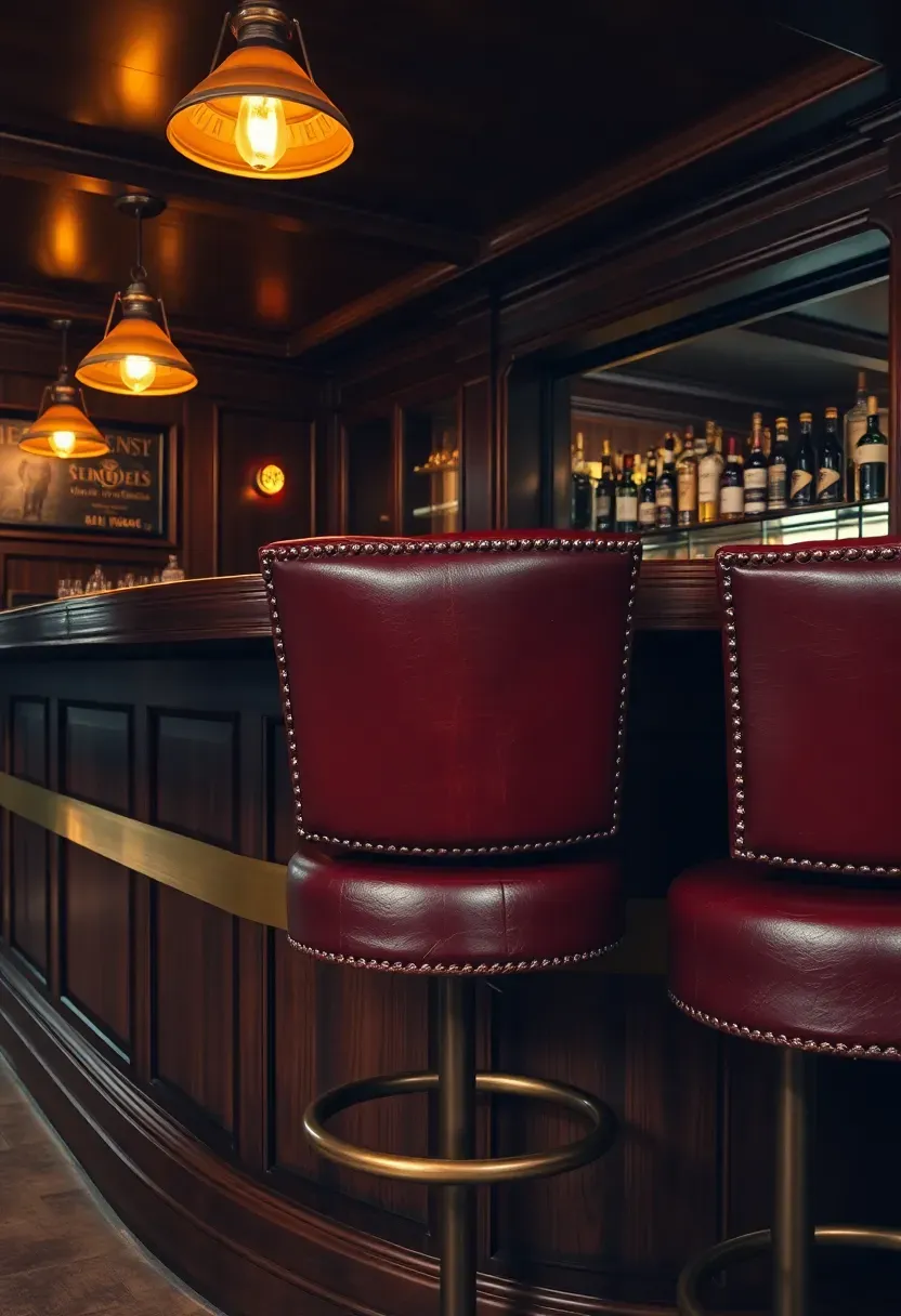 classic pub-style basement bar with dark mahogany counter brass rail and leather stools