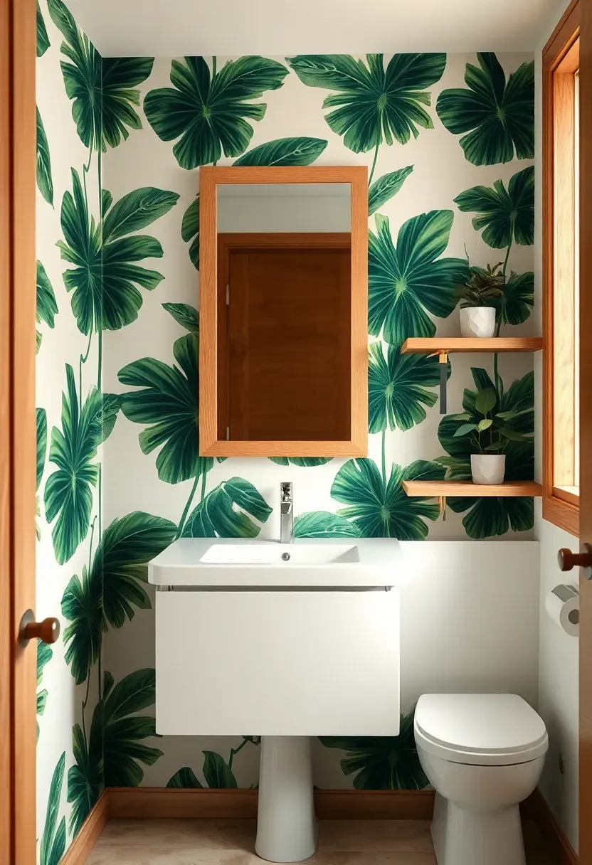 Small bathroom with bold botanical peel-and-stick wallpaper on one accent wall behind the vanity, white fixtures, and natural wood accents