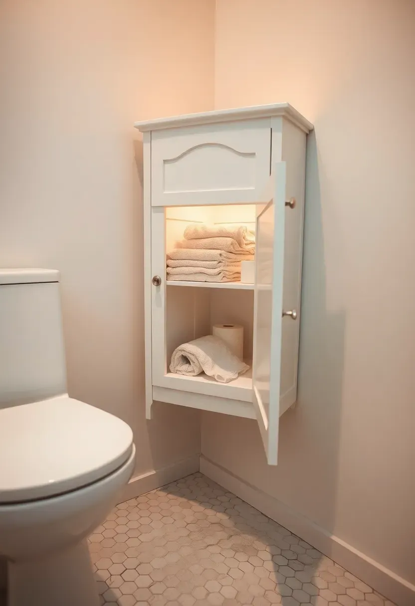 Small triangular corner bathroom cabinet in white with rounded edges fitting snugly into a corner beside a toilet