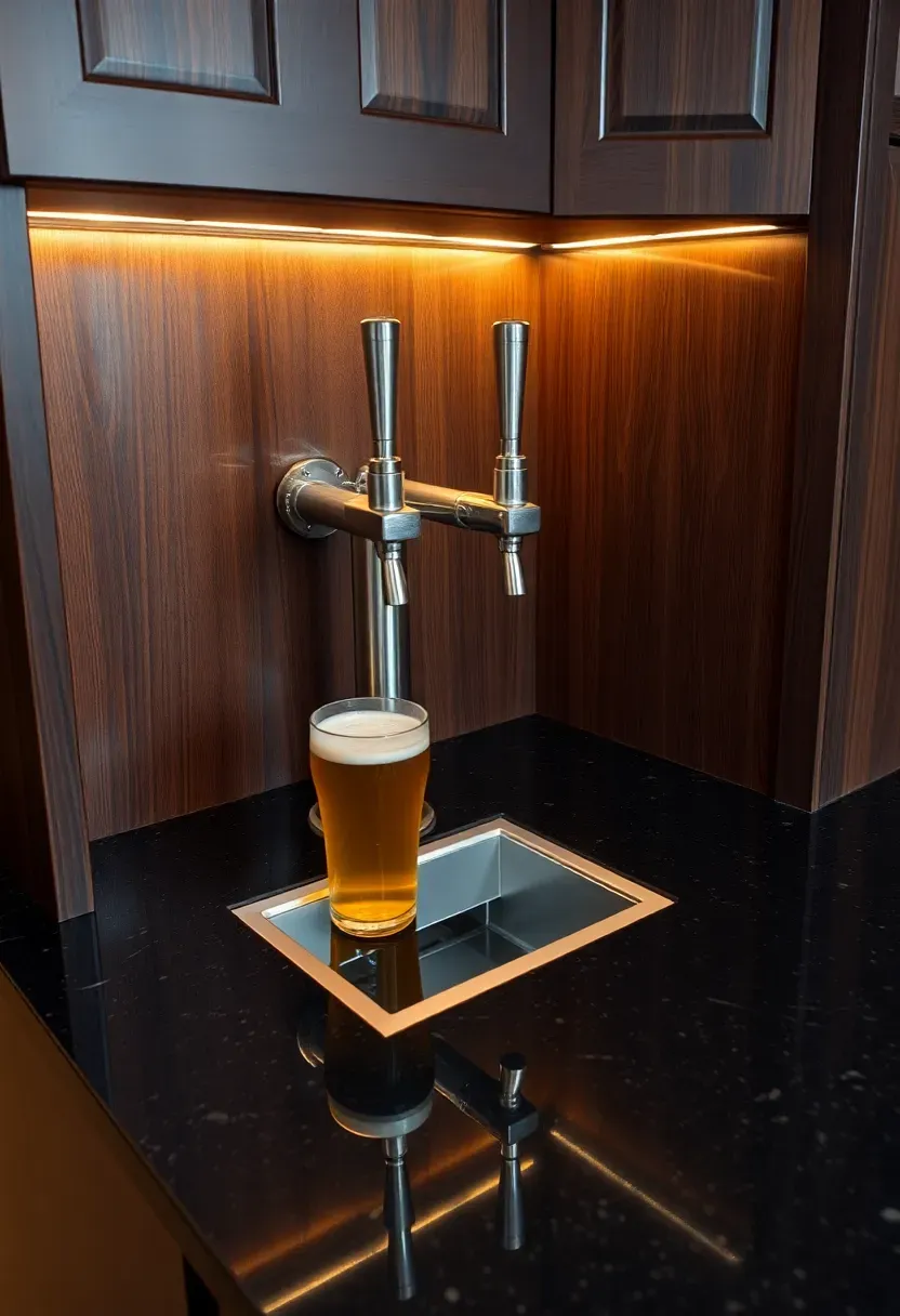 built-in kegerator installed under a dark granite basement bar counter with stainless steel tap tower and drip tray