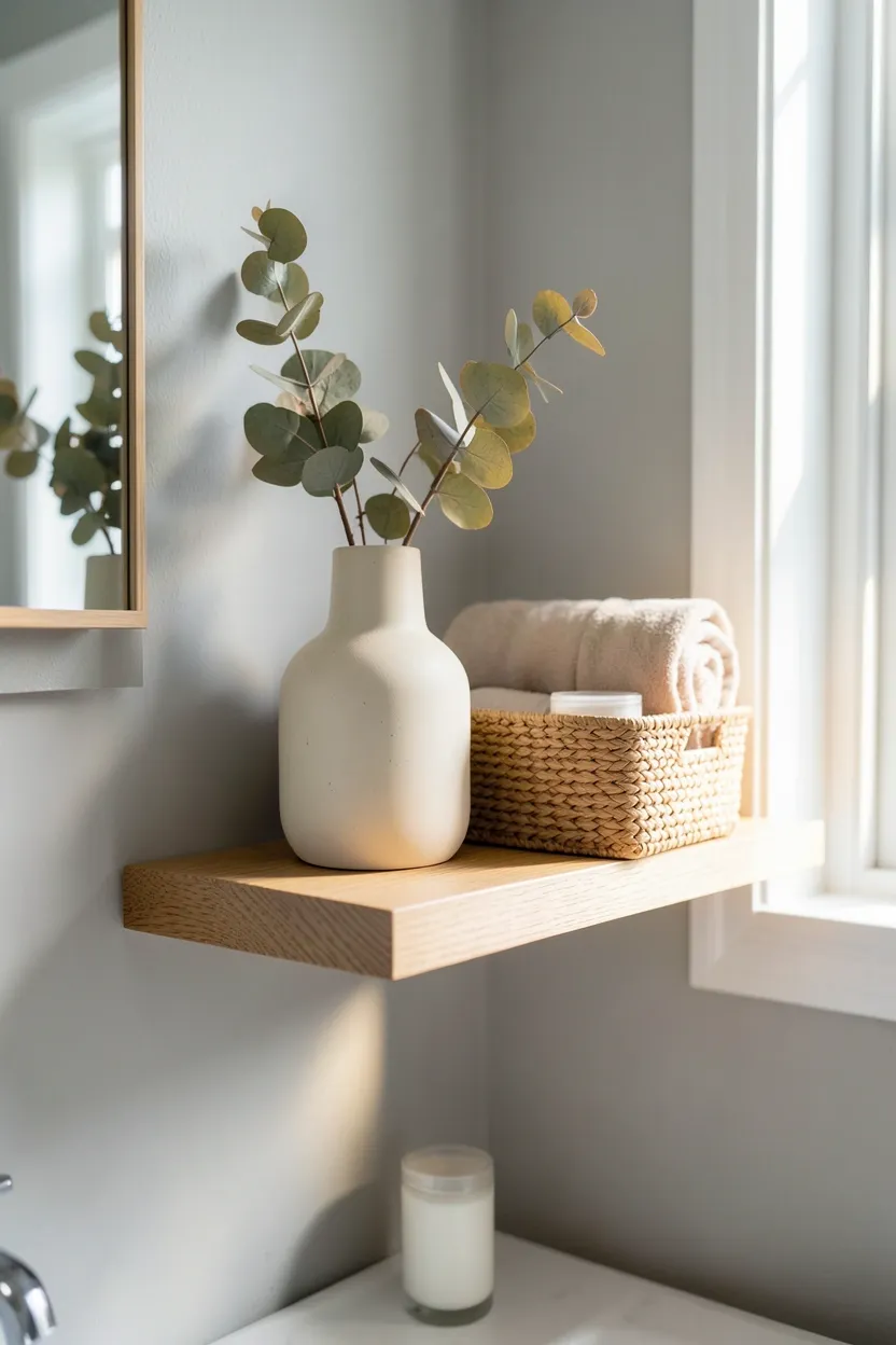 Light blue fabric shower curtain with matte black tension rod in a white rental bathroom — renter-friendly blue bathroom idea
