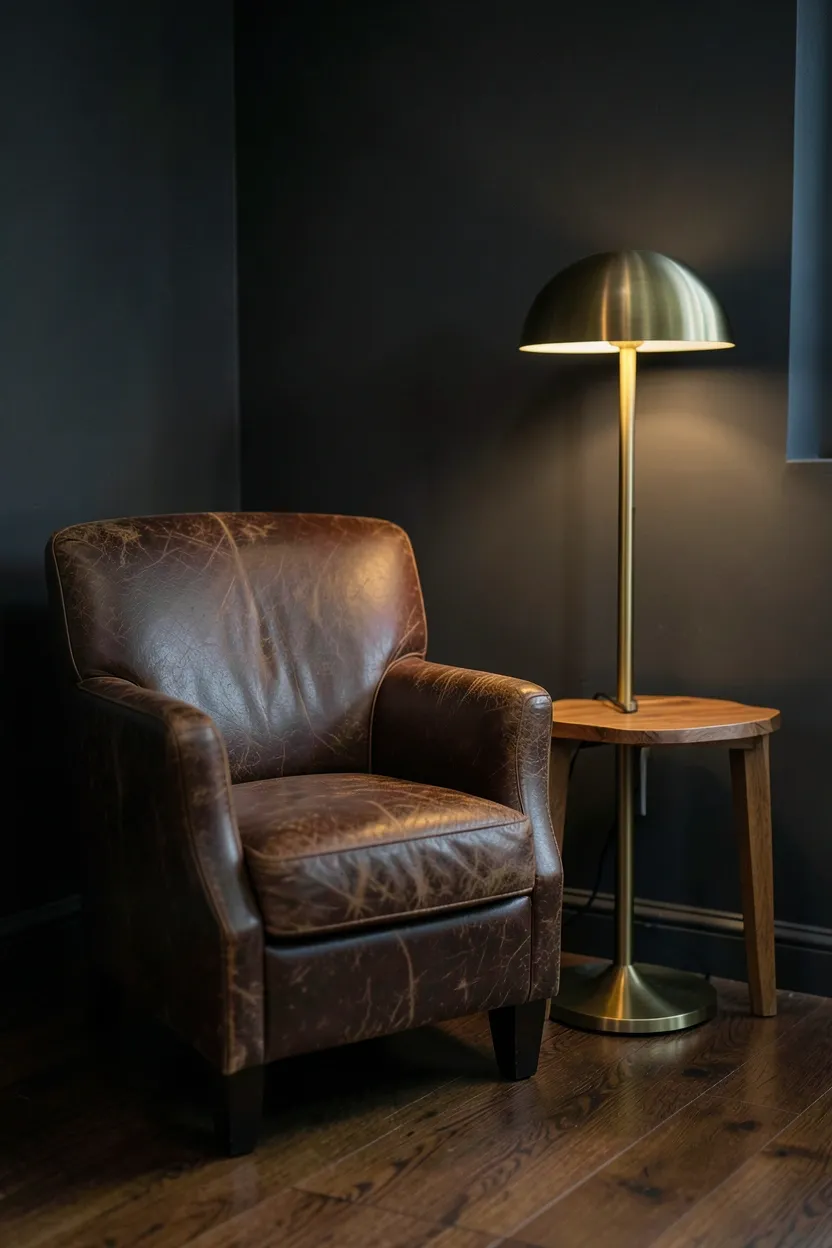 Boho bedroom corner with rattan hanging chair, dark velvet cushions, freestanding floor lamp, and small plant nearby
