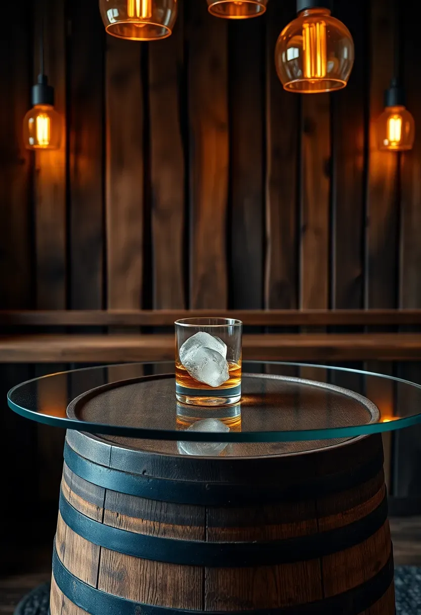 Bourbon barrel room basement bar with repurposed whiskey barrels as table bases, oak stave wall paneling, and warm amber pendant lighting
