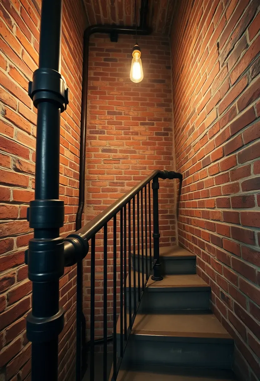 Basement staircase with black iron pipe handrail and matching pipe balusters against exposed brick wall in an industrial loft style