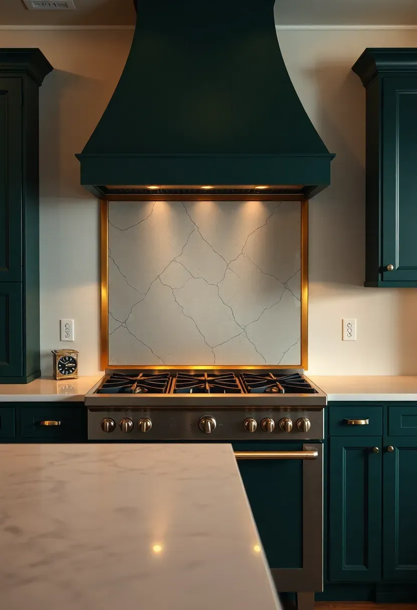 antique mirror and brass accent backsplash panel behind range with dark hunter green cabinets and white marble countertop