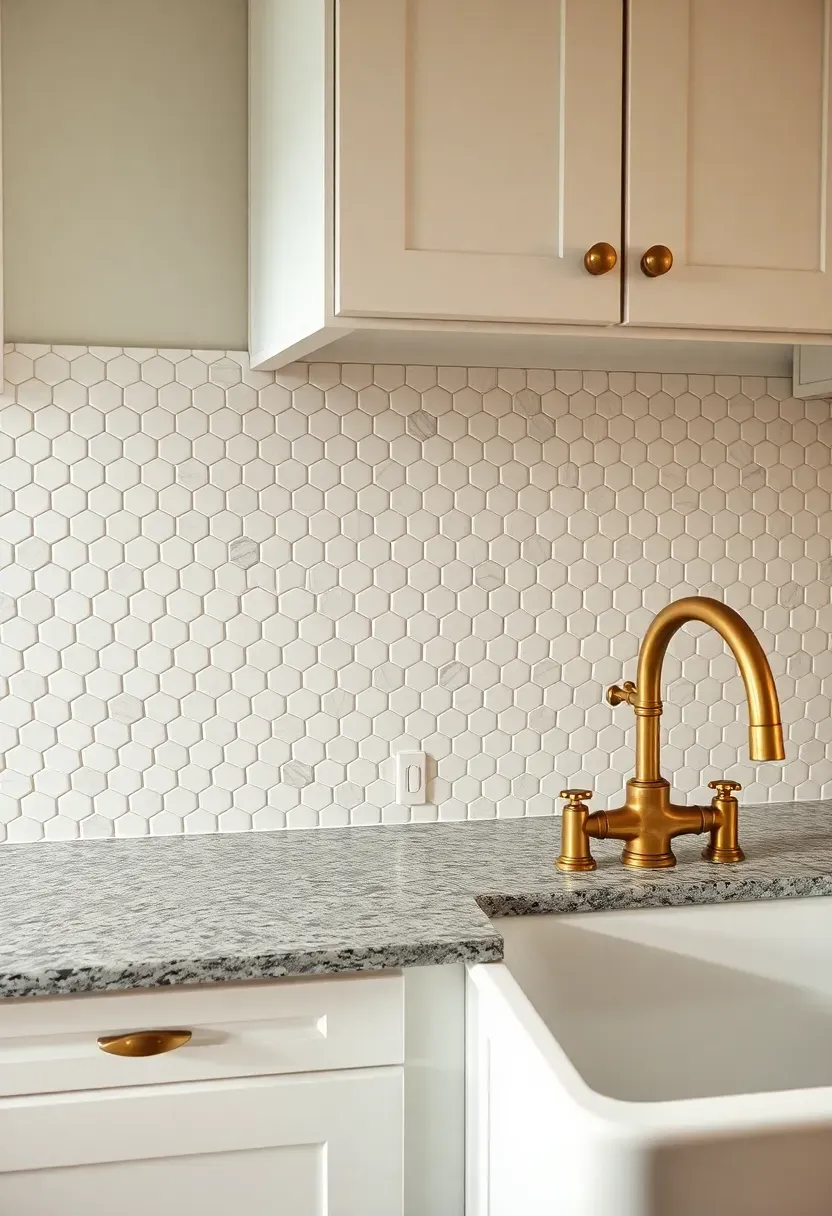 hexagonal carrara marble mosaic backsplash installed above white cabinets with gray granite countertops and brass faucet