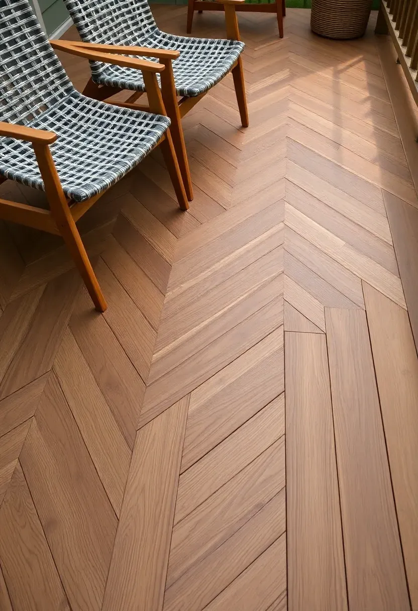 back deck with stained hardwood boards laid in a herringbone chevron pattern creating a warm geometric floor surface with a pair of mid-century modern outdoor chairs on top