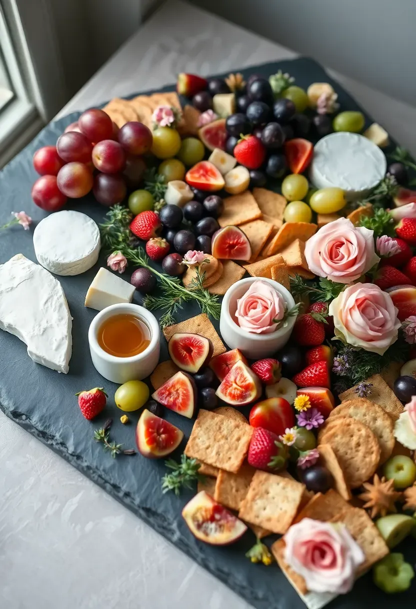 Botanical grazing board with edible flowers, herbs, and fresh fruit styled with blush garden roses for baby shower
