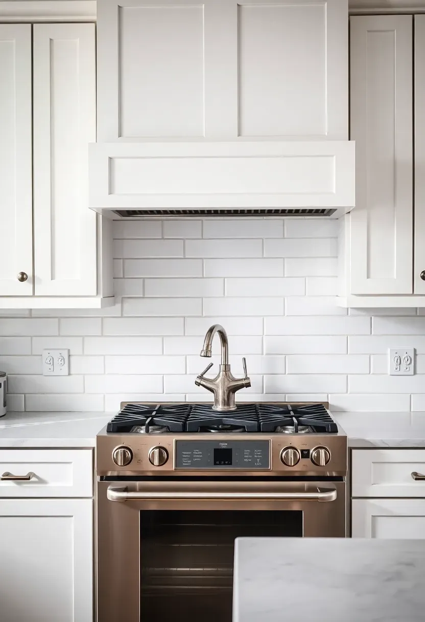 classic white subway tile backsplash behind gas stove with white grout and chrome fixtures