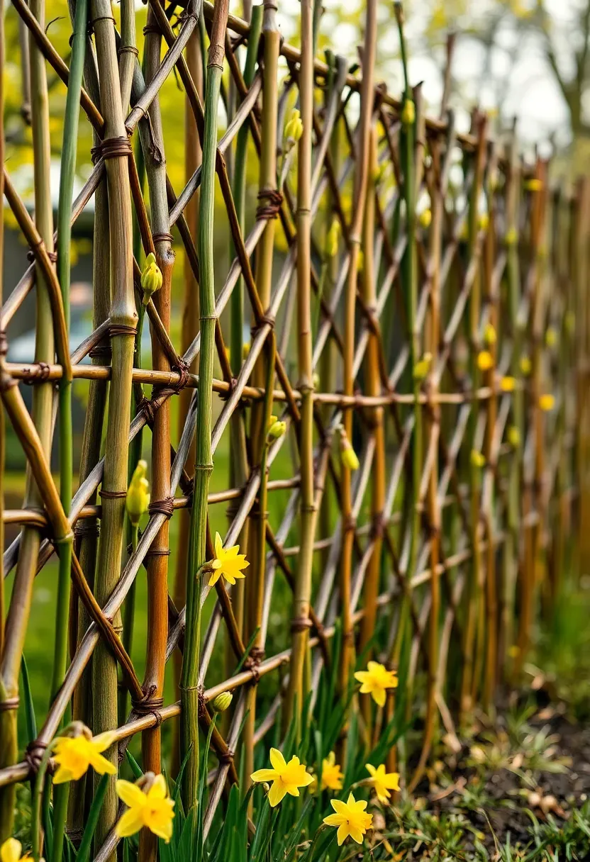 Living willow fence with green shoots and woven branches forming a natural growing barrier in a springtime backyard