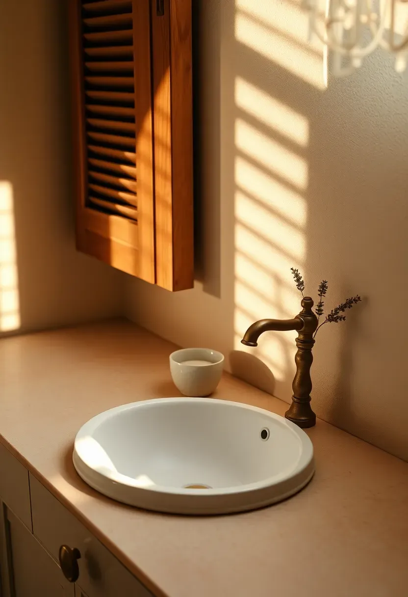 Honed limestone bathroom countertop in a warm beige tone with a round undermount sink and antique brass fixtures