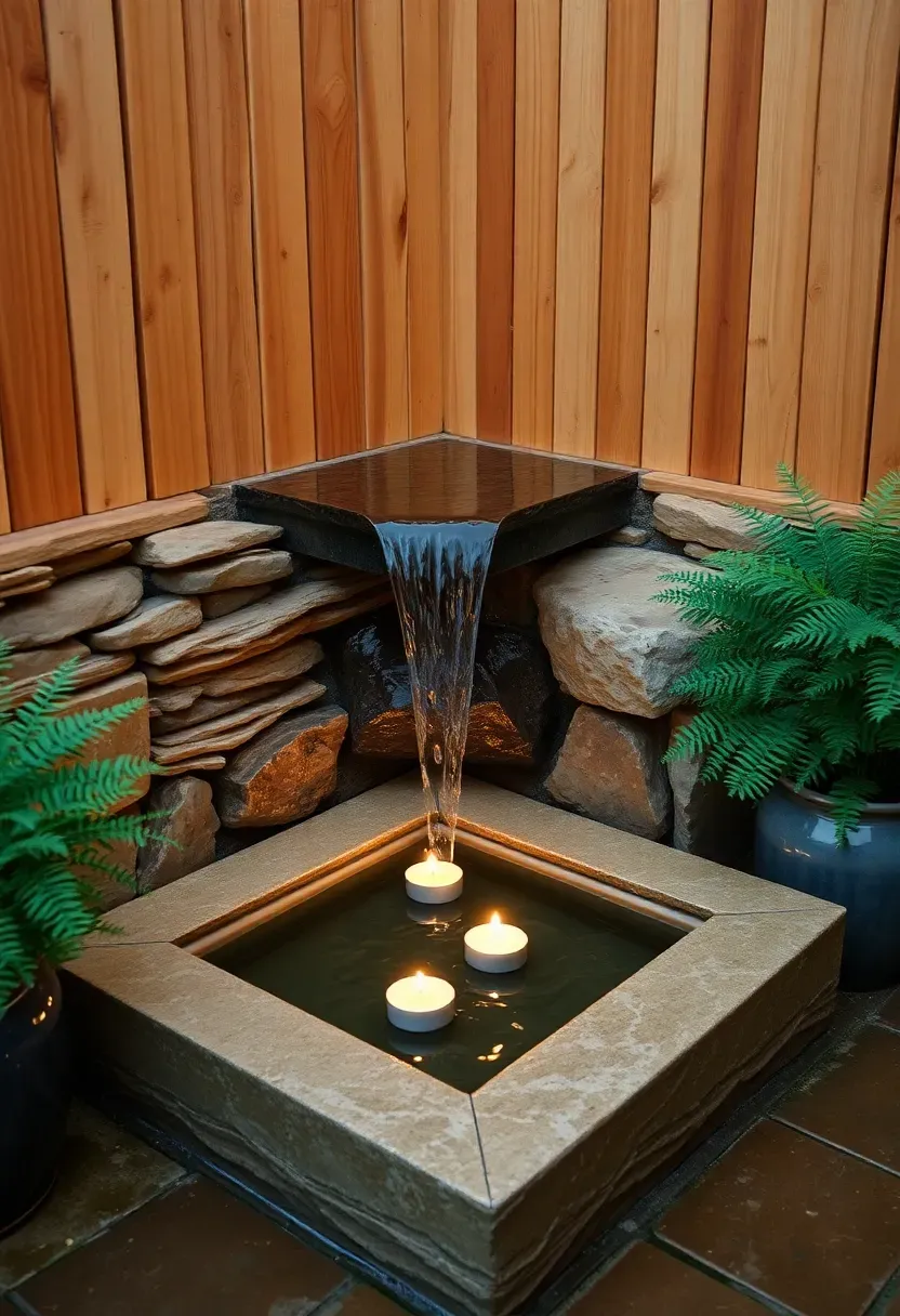 Small courtyard corner waterfall with stacked stone against a privacy fence and water falling into a square basin with floating candles