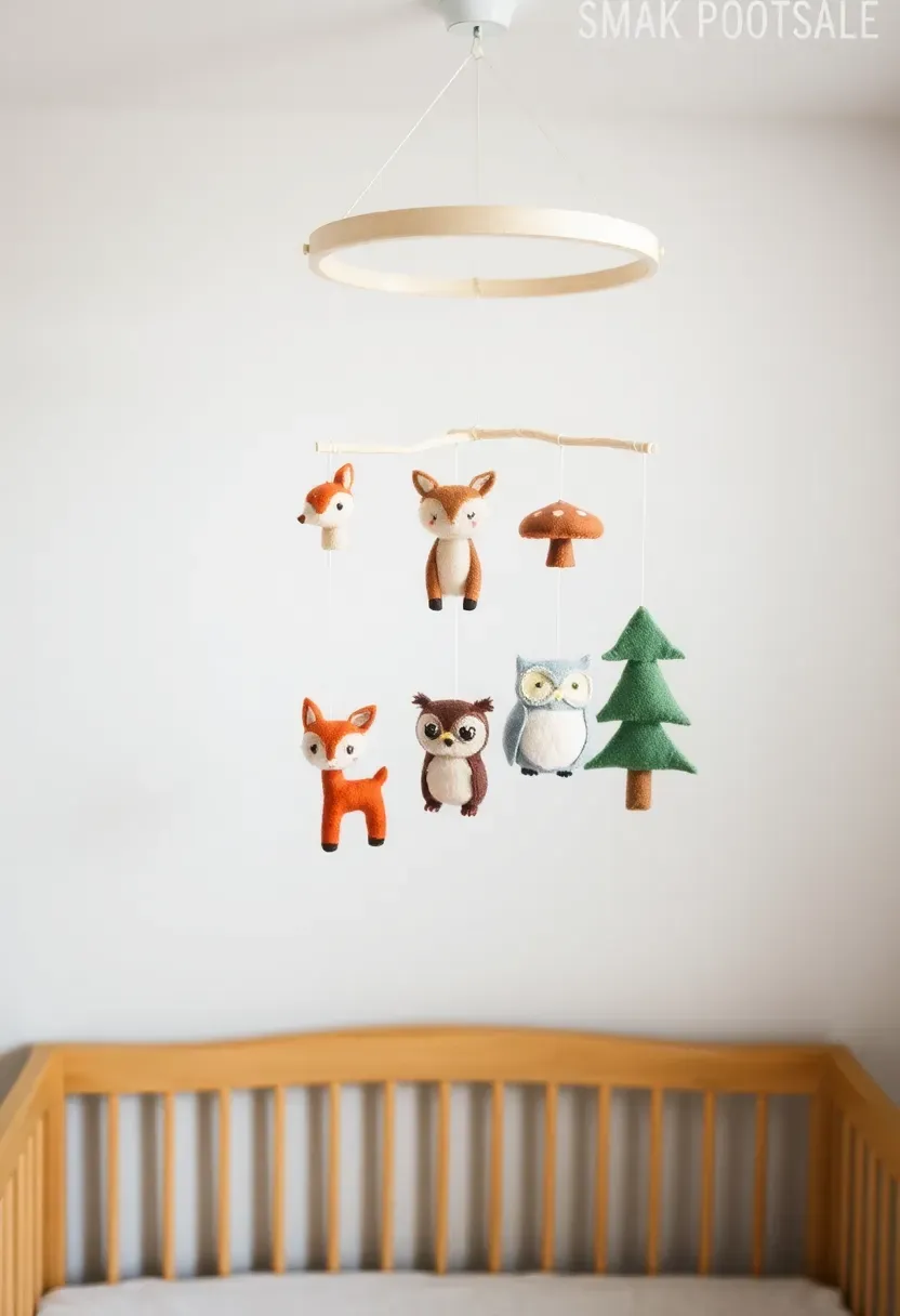 woodland creature baby mobile with felt fox deer owl and trees hanging above a crib