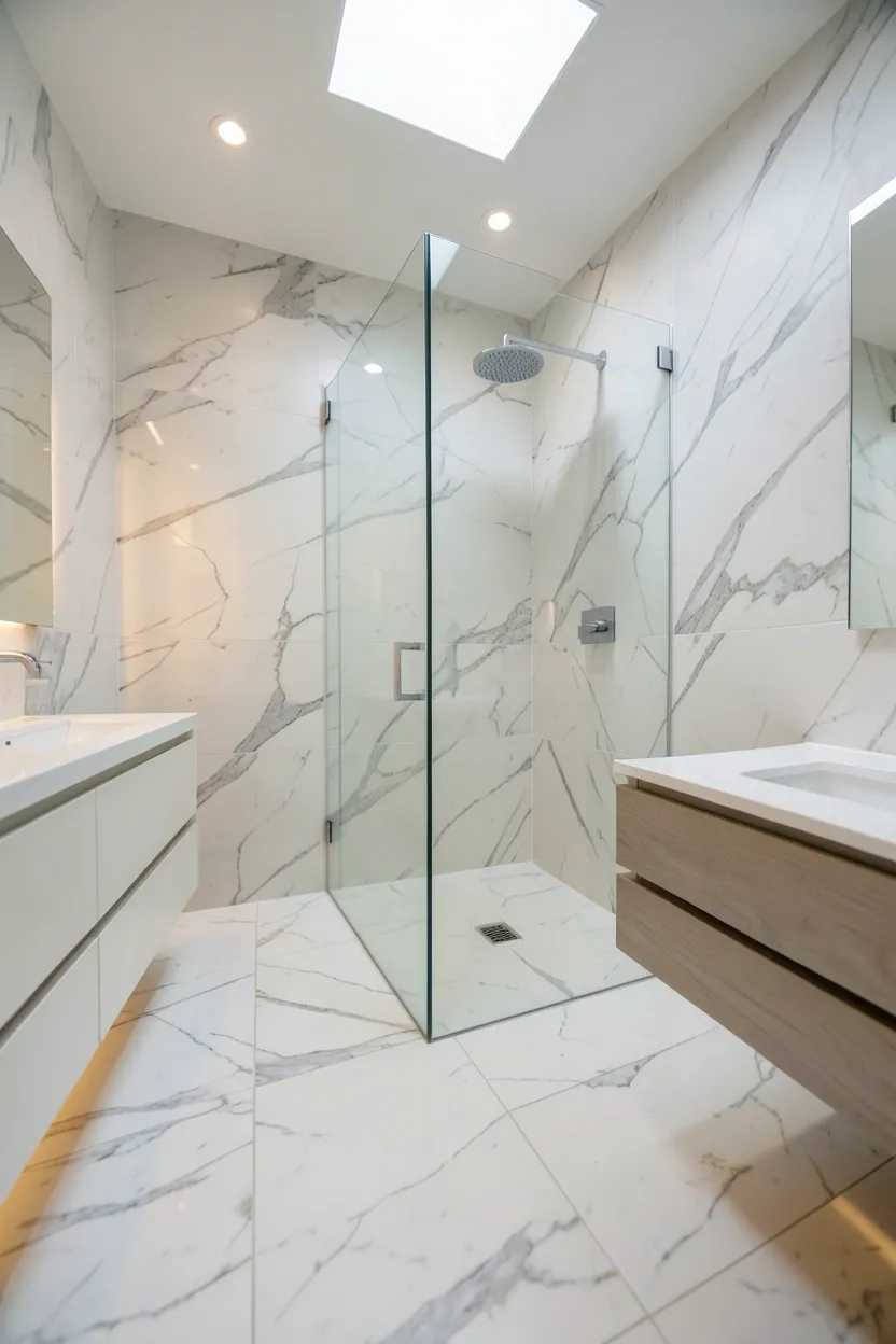 Open wet room shower with continuous floor tile and no curb creating a seamless look in a small bathroom