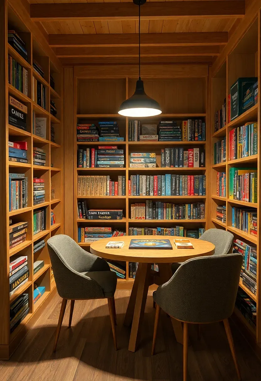 wall of organized board games and strategy games on deep wooden shelves in a cozy basement room