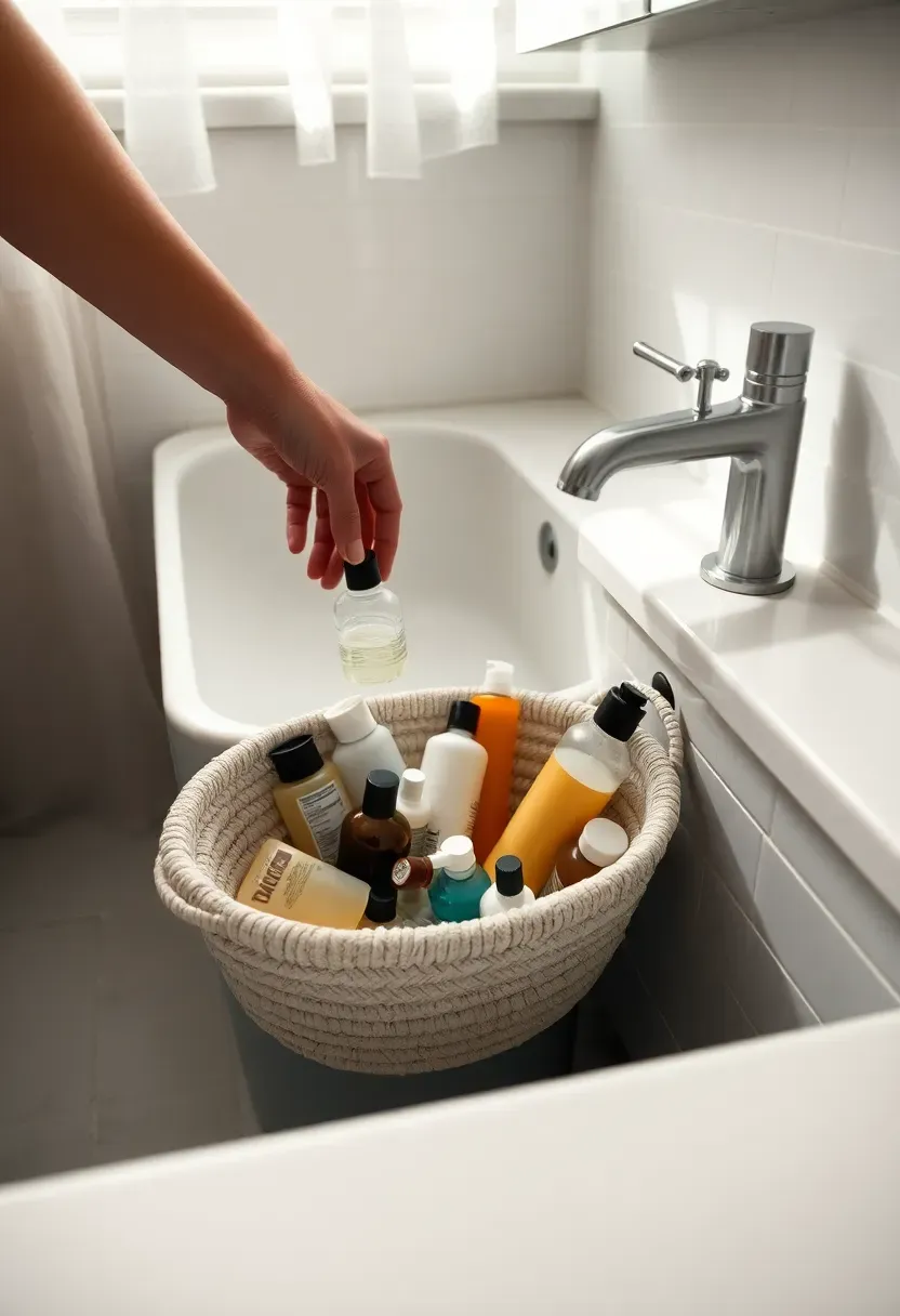 Hands clearing small bathroom counter — removing product bottles into a woven basket, revealing clean matte ceramic surface in soft natural light