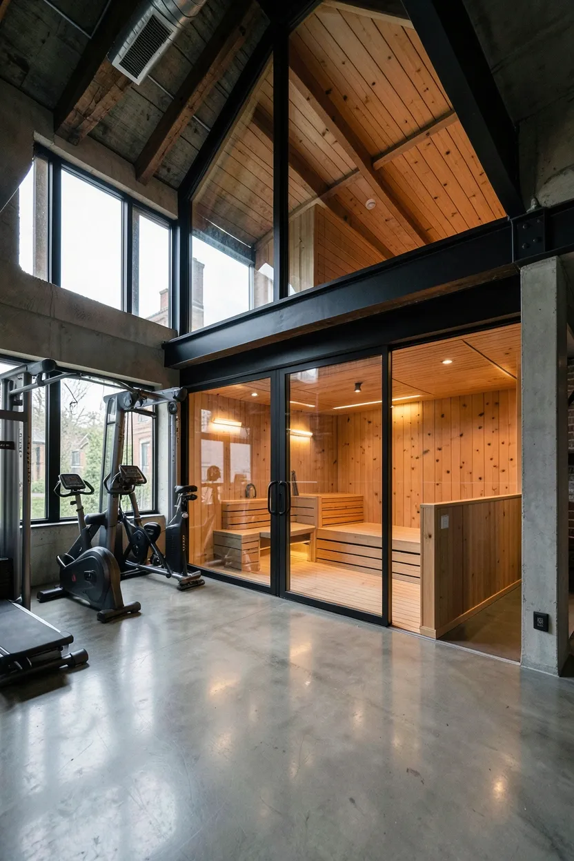 Urban loft home gym with double-height cedar sauna, polished concrete floor, blackened steel equipment, exposed brick wall, and high-window natural light