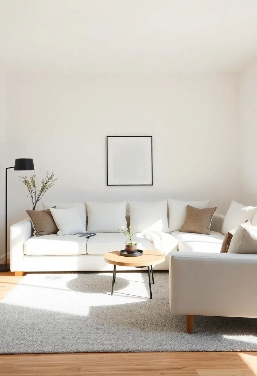 Hyper-realistic 3/4 view of a minimalist living room with pale vanilla walls, white sofa, soft gray area rug and throw pillows, light oak coffee table. Materials: matte pale vanilla paint, white cotton upholstery, soft gray wool rug, light oak wood, black metal floor lamp. Soft natural daylight with subtle shadows, warm and sophisticated neutral atmosphere. Clean composition with negative space, sharp texture contrast, no clutter, no text, no watermarks.</p>