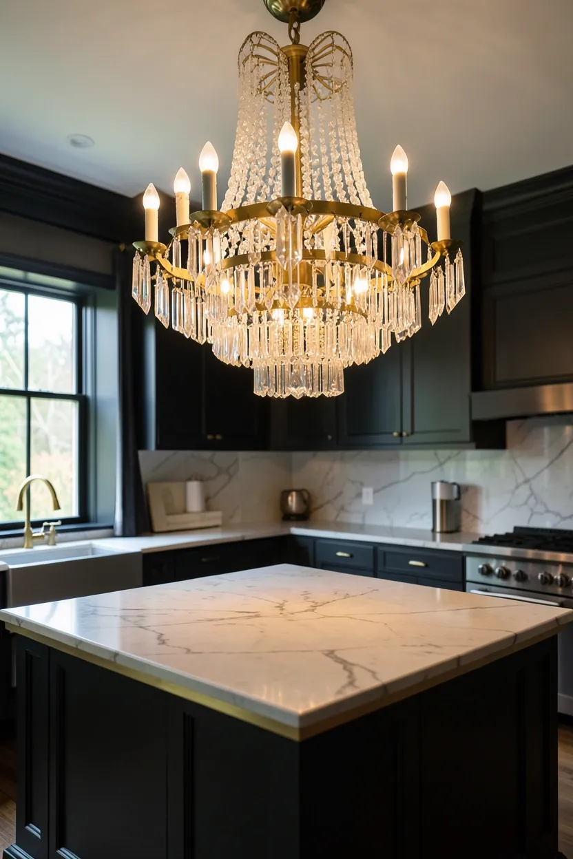 Grand crystal and brass statement chandelier above a marble kitchen island with dark charcoal cabinetry in a luxury kitchen