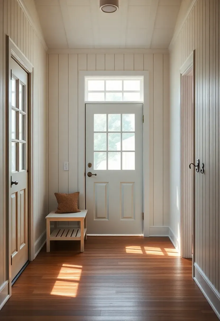 Hyper-realistic wide shot of small colonial entry featuring vertical board-and-batten walls. Walls show 7-inch wide boards with 2-inch battens, painted cream with white battens for subtle contrast. Materials: painted wood board-and-batten with shadow gaps, wide-plank floors, colonial bench with coat hooks, multi-pane door with transom above. Natural light from multi-pane door and window, creating strong vertical shadows that emphasize height and board detail. Shallow depth of field showing board texture and batten profiles. Visible room context—staircase rising beyond. Vertical colonial entry mood emphasizing height.</p>