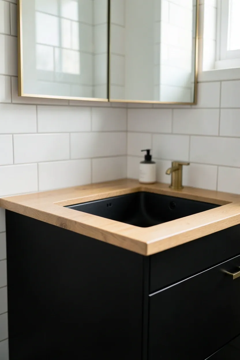 Black matte fixtures paired with warm oak wood shelving and vanity cabinet in a small rental bathroom — budget-friendly natural material combination