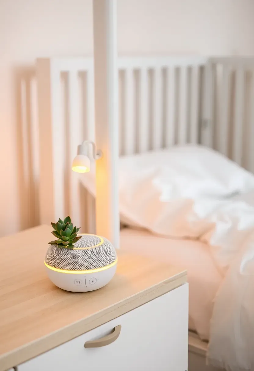 compact white noise machine with soft night light glow on a nursery nightstand