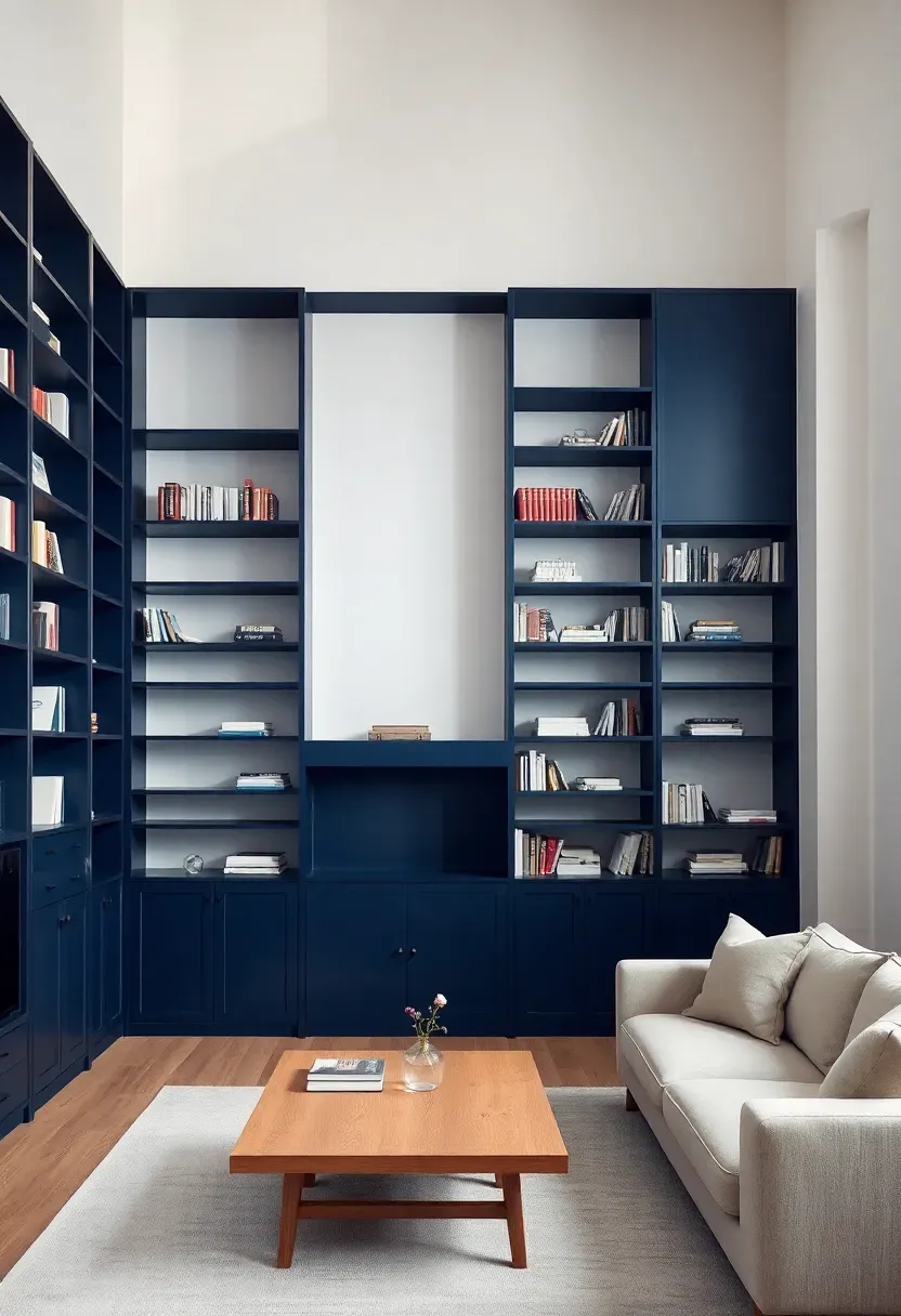 Hyper-realistic wide shot of minimalist living room with floor-to-ceiling navy blue bookcases with white interior backs, white surrounding walls, beige sofa, light oak coffee table, minimal book and object display. Materials: matte navy blue bookcase exterior, white interior backing, crisp white walls, beige linen sofa, light oak wood. Soft natural daylight, subtle shadows creating depth between navy exterior and light interior, architectural and organized atmosphere. Sharp details on bookcase construction, clean composition with no clutter, no text, no watermarks.</p>