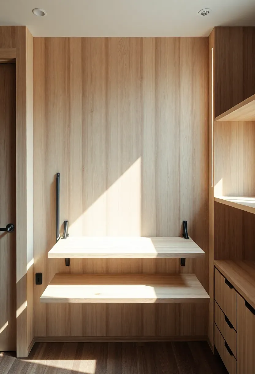 Hyper-realistic view of fold-down desk in closed position against wall of modern tiny house. Materials: white oak desk front, wall-mounted folding hardware, light wood wall, nearby shelving. Natural daylight from window, casting soft shadows. Clean composition with desk appearing as shallow cabinet or wall panel. No visible desk contents. No text, no logos, minimalist interior magazine style.</p>