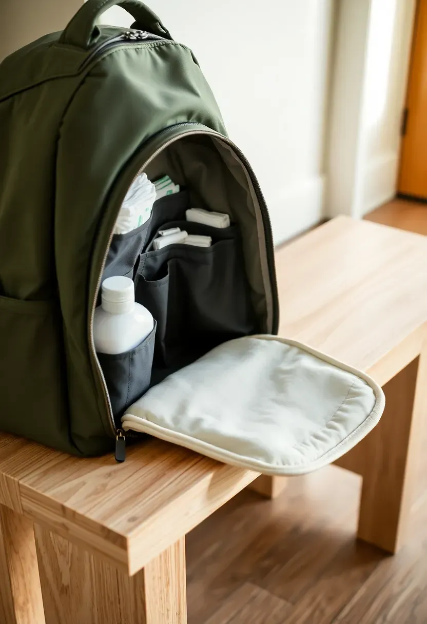 open diaper backpack showing organized compartments with bottles diapers wipes and a fold-out changing pad