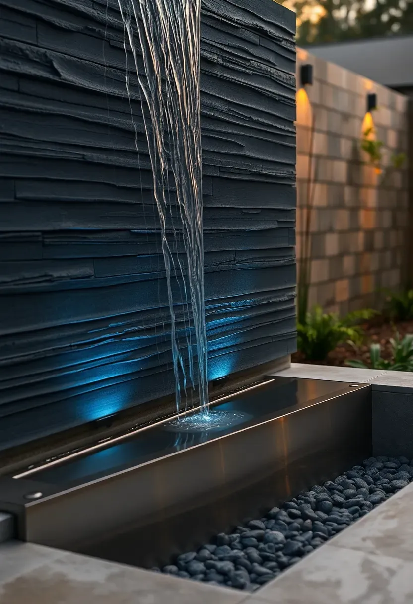 Modern cascading water wall made of stacked slate panels with water flowing into a narrow basin pool lit by underwater LEDs