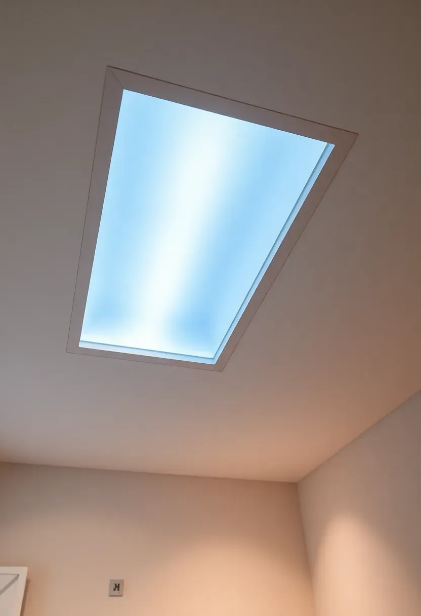 Basement office ceiling with a recessed LED panel designed to look like a rectangular skylight with blue sky illusion