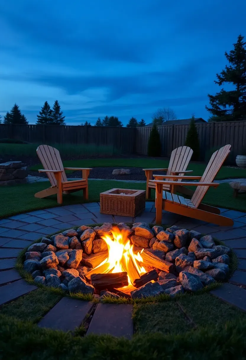 A sunken fire pit surrounded by a ring of dark stone pavers with artificial turf extending outward where Adirondack chairs sit in the evening with warm firelight
