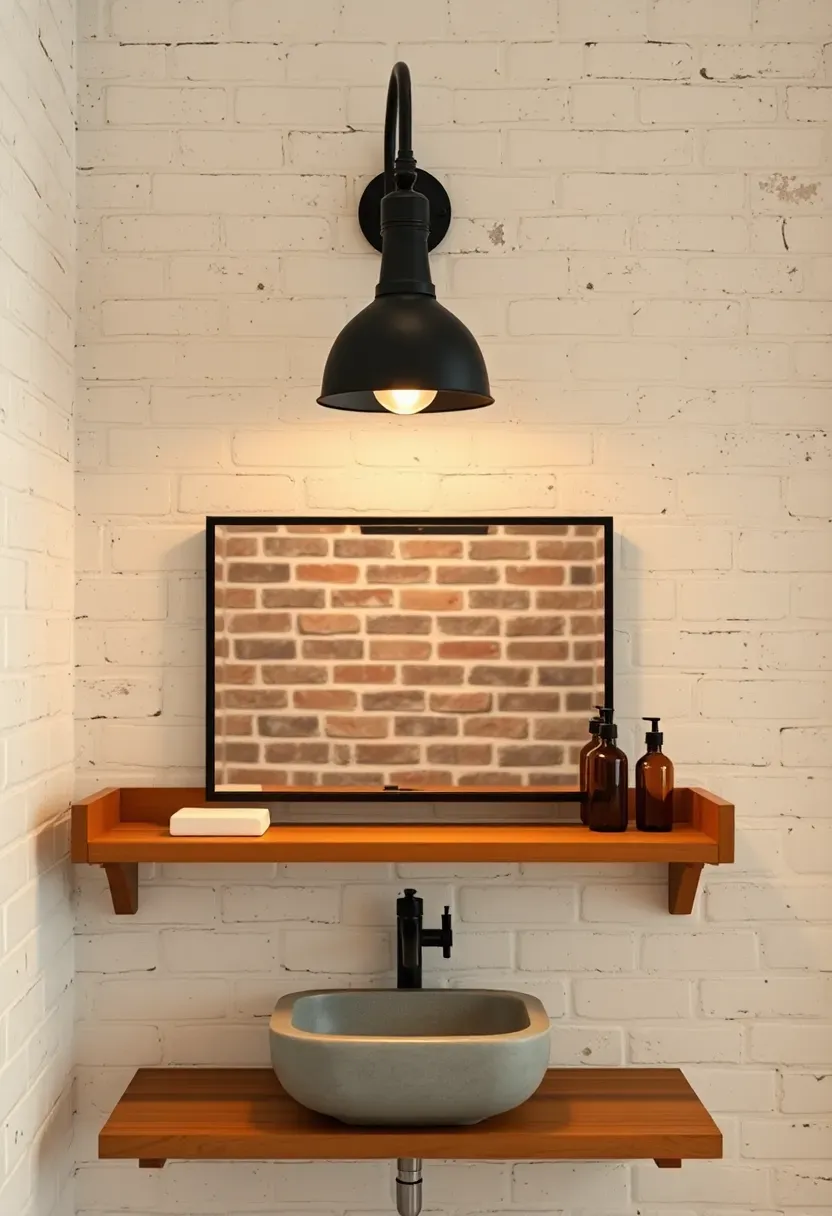 Matte black industrial gooseneck lamp mounted over a simple mirror in a bathroom with white brick walls and wood shelving