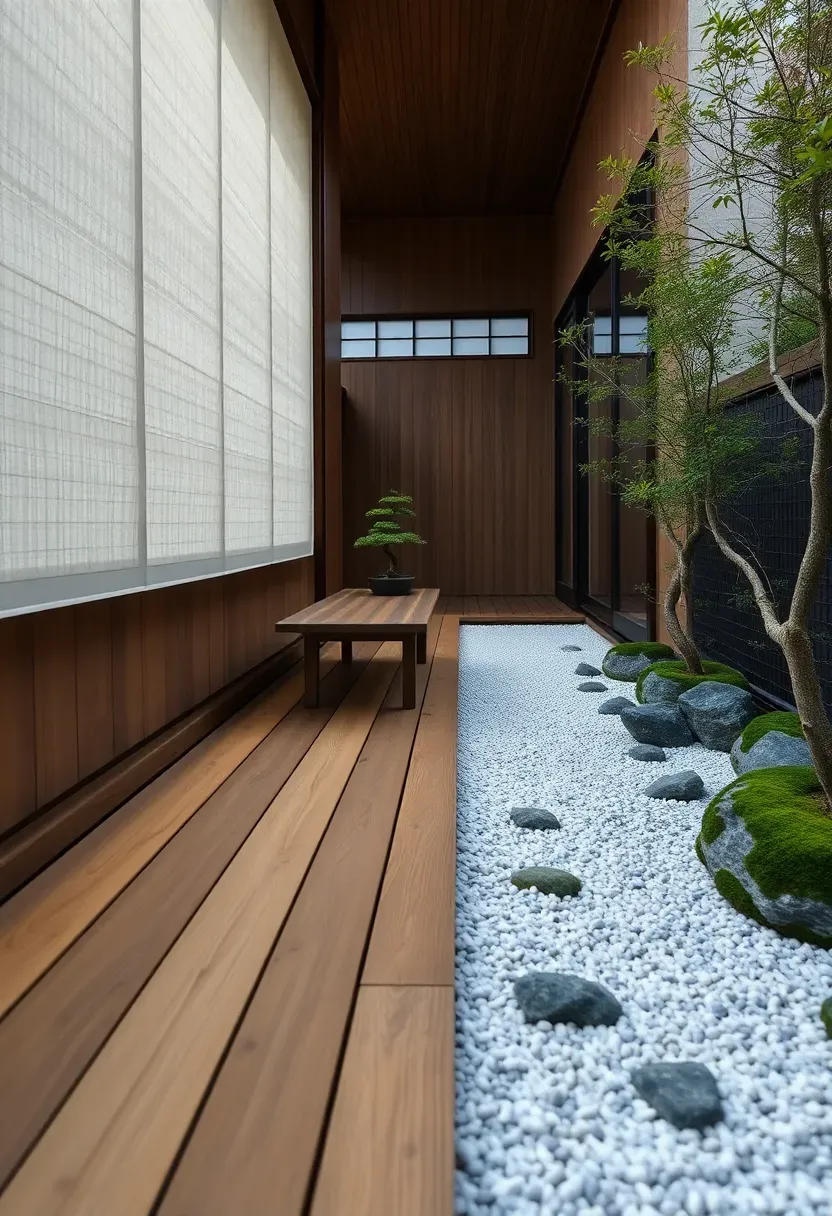 Narrow Japanese-inspired engawa deck running along a house wall with shoji-style screens, a bonsai on a low table, and raked gravel garden beside it