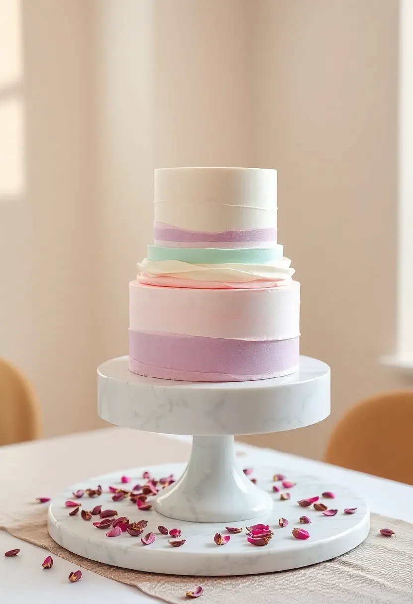 three-tiered watercolor buttercream baby shower cake in soft pink lavender and mint tones on a marble cake stand