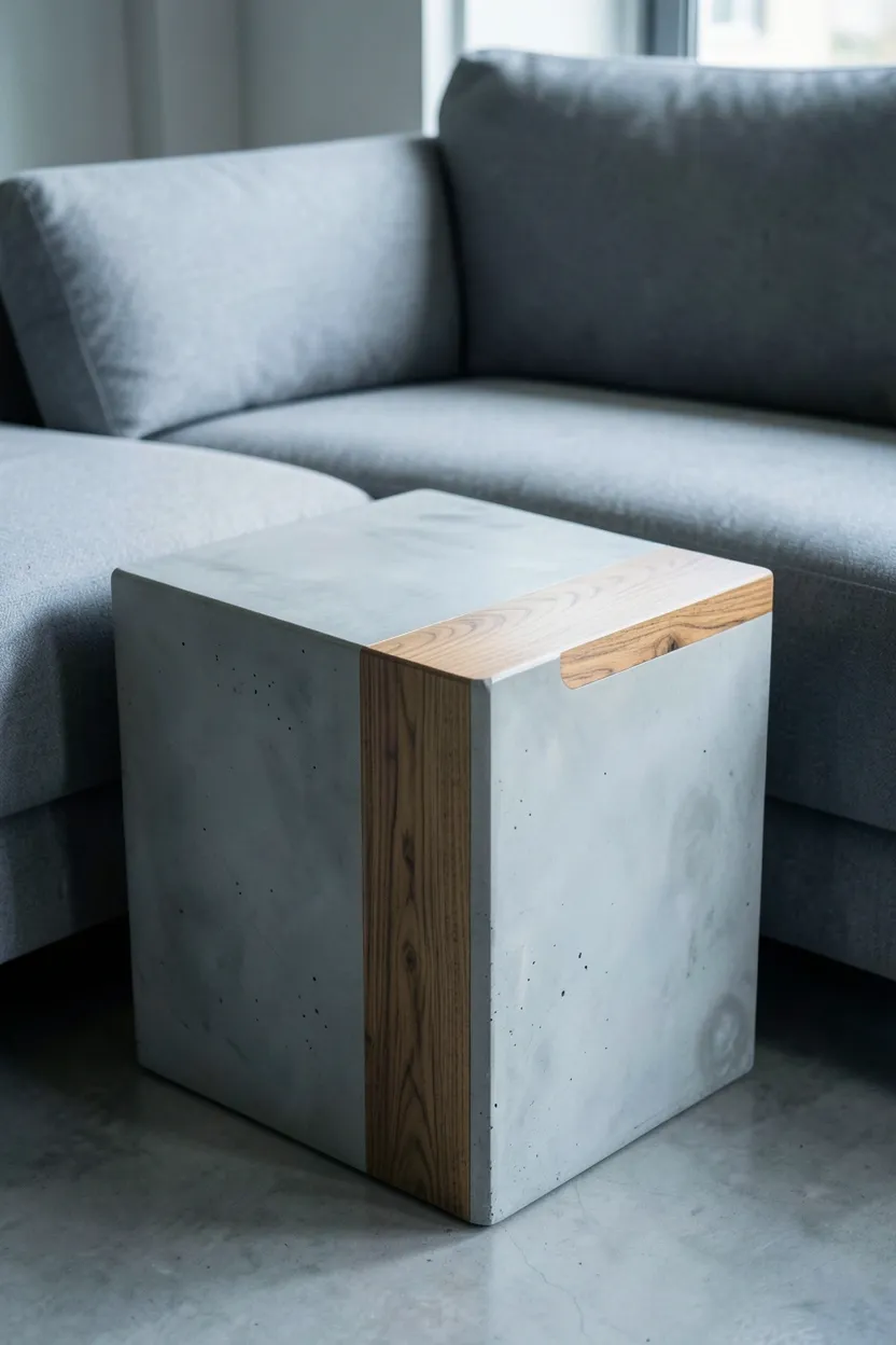 Round concrete side table with wood inlay detail beside a linen sofa in an organic modern living room