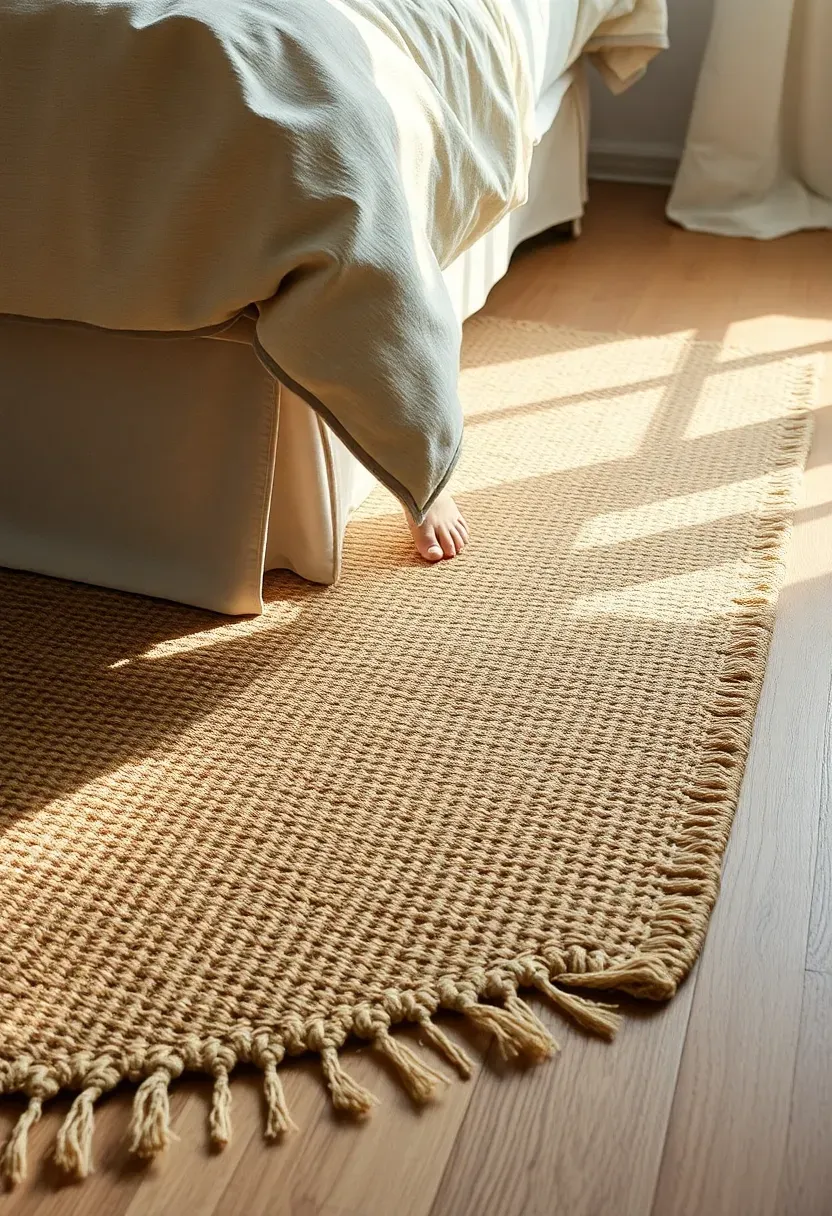 layered neutral rugs in a bedroom with jute base rug and soft wool area rug on top beside the bed