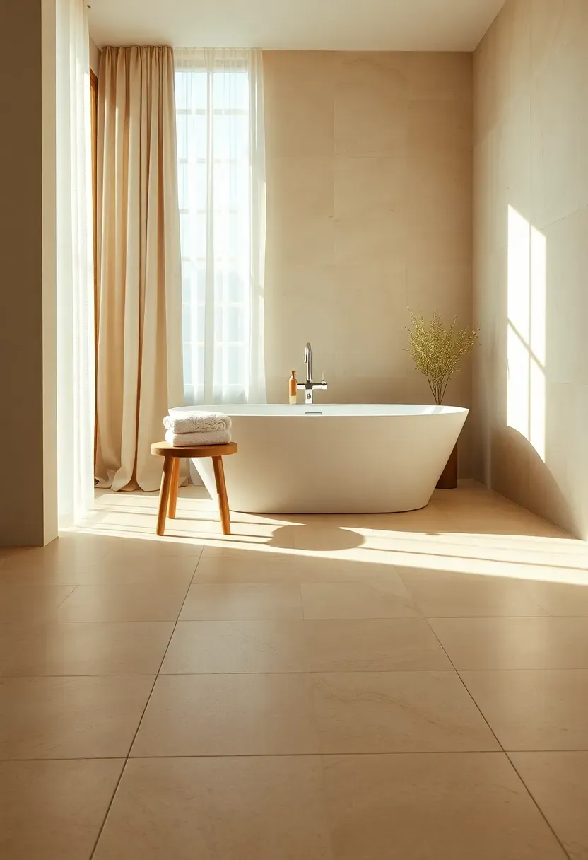 Spacious bathroom with large-format porcelain slab flooring in warm beige with nearly invisible grout lines