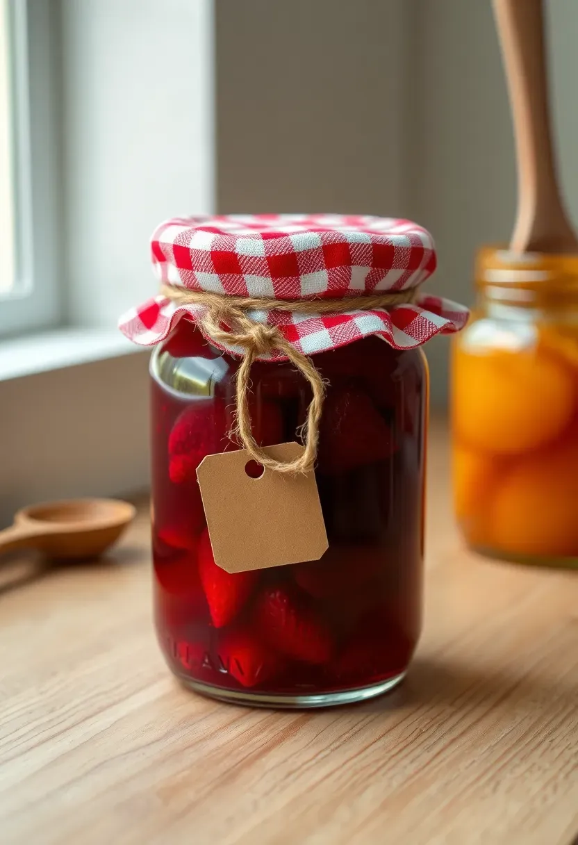 tiny glass jam jar with gingham fabric lid cover and handwritten calligraphy label on rustic wood