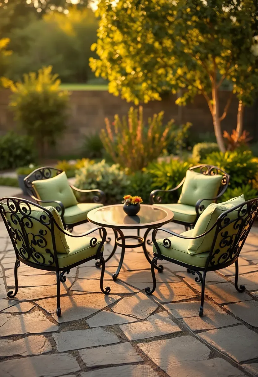 A cast aluminum conversation set with four curved chairs and a round coffee table on a flagstone patio at golden hour