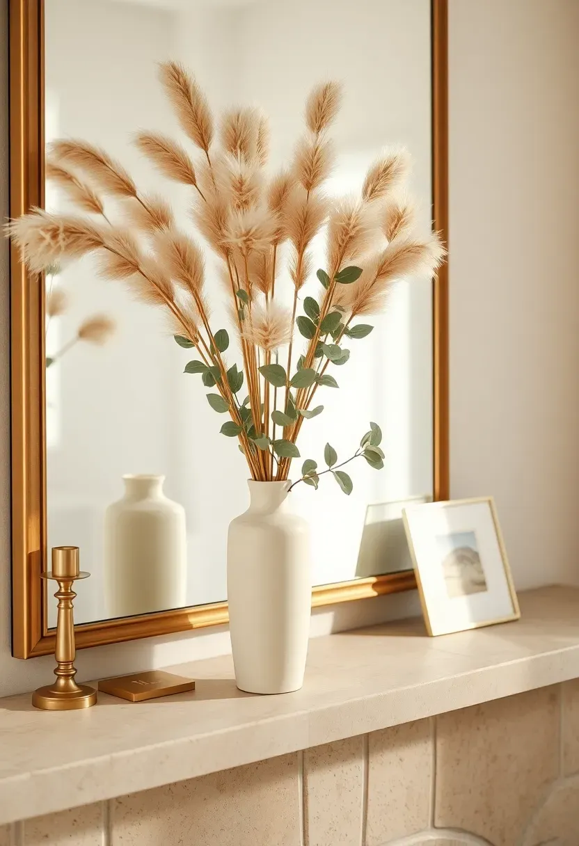 A bundle of dried pampas grass and eucalyptus stems placed in a slim ceramic vase on a mantle — the organic stems arching naturally above a grouping of candles and small framed art, soft diffused light