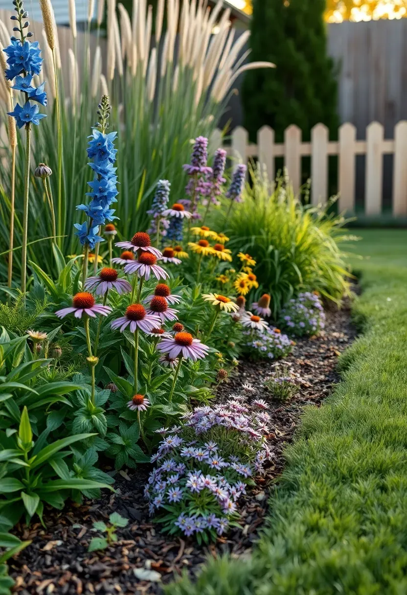 Layered perennial border with tall delphiniums in back, mid-height coneflowers in center, and low catmint along a lawn edge in a sunny backyard