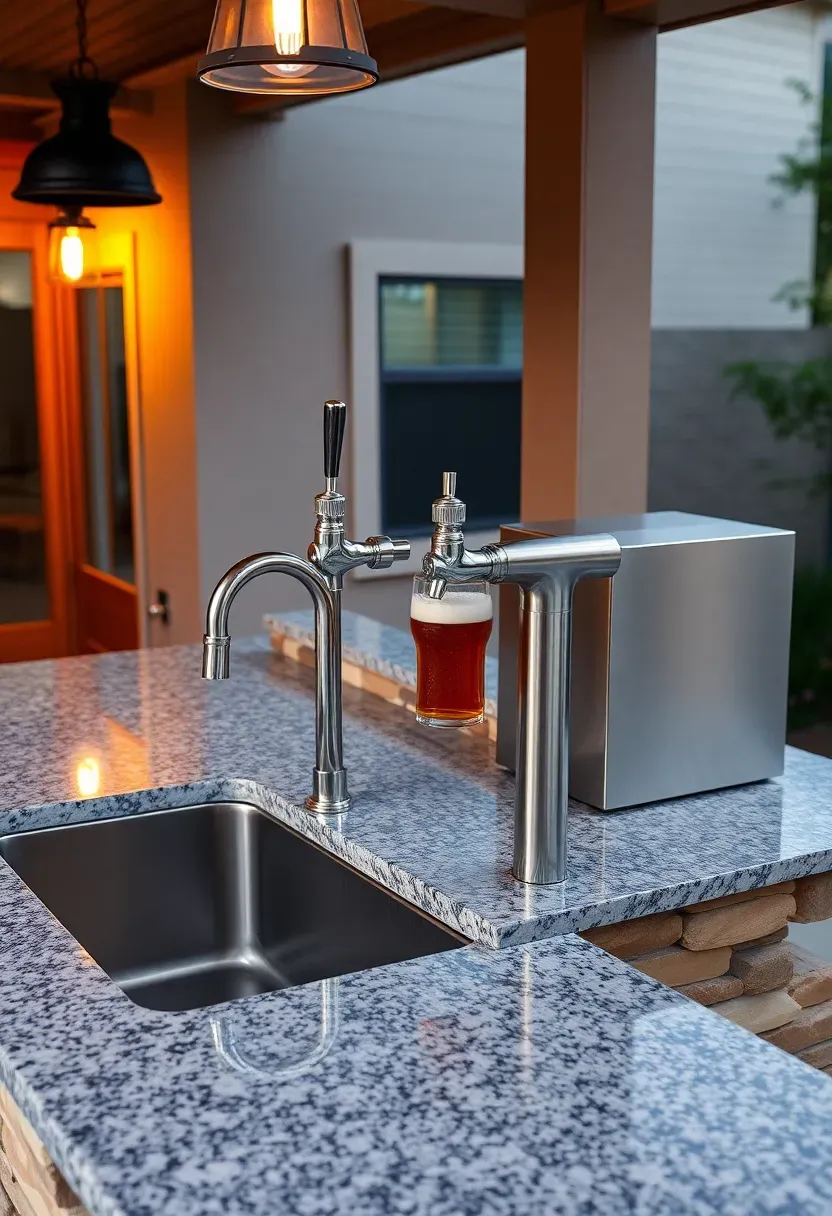 Fully equipped outdoor bar with stainless steel sink, kegerator with tap handles, stone counter, pendant lights, and guests enjoying draft beer on a patio