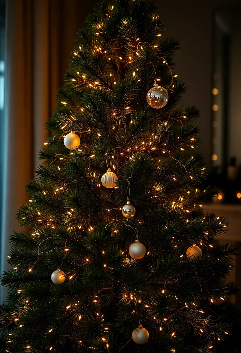 Hyper-realistic 3/4 view of a green Christmas tree wrapped densely with warm white fairy lights, with only 5-10 minimal ornaments, creating a magical glowing effect through illumination alone. Materials: realistic green pine branches, dense warm white micro LED fairy lights (300+ per foot of tree), 3-4 simple white ornaments, dark room background. Low ambient room light with tree as primary light source (2700K), creating warm glow on surrounding surfaces. Magical mood, shallow depth of field with light detail sharp, visible room context showing tree as main illumination. No text, no logos, no watermarks.</p>