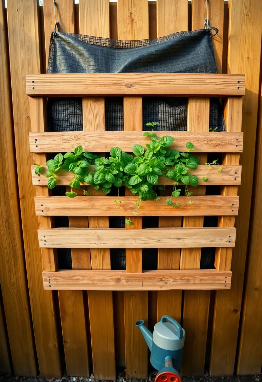 Vertical pallet garden mounted on a fence with herbs and small vegetable plants growing from the slats