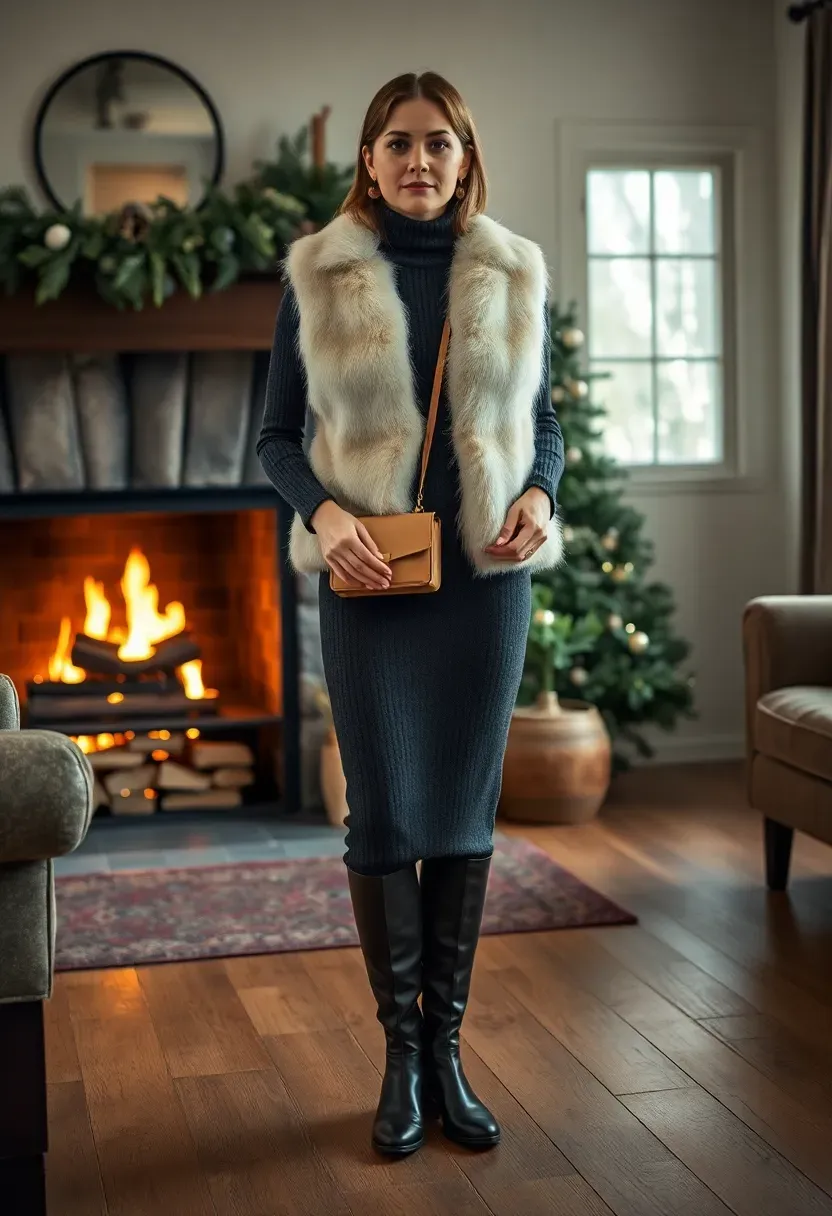 faux fur vest layered over a charcoal turtleneck knit dress with tall boots at a winter gathering