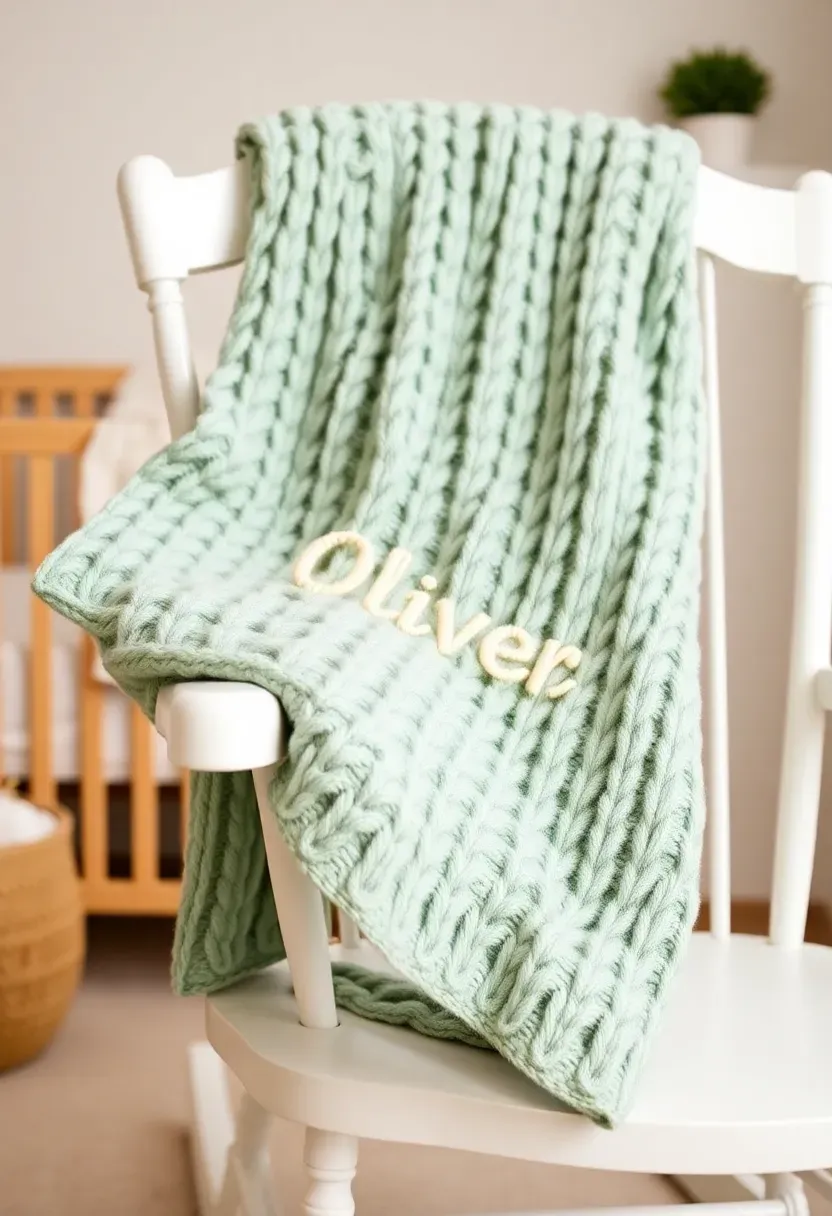 personalised baby name blanket in sage green with hand-stitched lettering for a boy