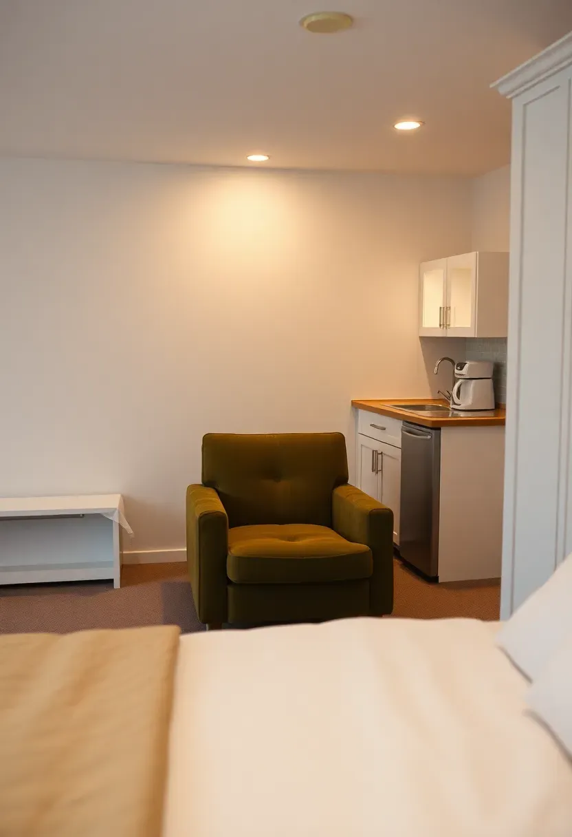 Basement guest suite with a queen bed, a small kitchenette counter with sink, and a separate sitting area