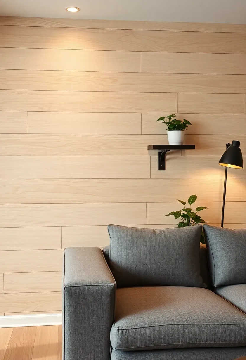 basement accent wall made from light wood vinyl planks installed horizontally